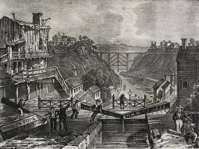 Lockport'un görünümü, New York Eyaleti, Amerika Birleşik Devletleri, Poliorama Pittoresco'dan Salvatore Puglia tarafından litografi, sayı 1, 10 Ağustos by Salvatore Puglia