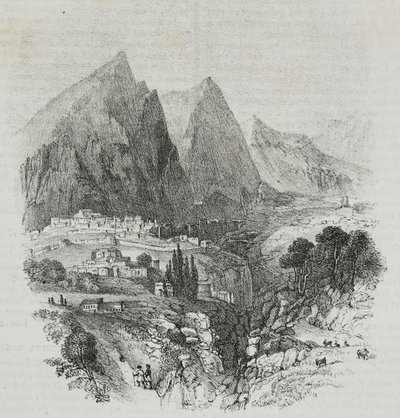 Delphi, Yunanistan'dan Parnassus Dağı'nın görünümü, Poliorama Pittoresco'dan Salvatore Puglia tarafından litografi, n 46, 25 Haziran by Salvatore Puglia