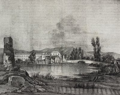 Santa Restituta fabrikasının ve kilisesinin Cornello, Lazio, İtalya'daki Fibreno nehri kıyısındaki görünümü, Poliorama Pittoresco'dan Raffaele Carelli tarafından çizildikten sonra Salvatore Puglia tarafından litografi, n 16, 26 Kasım by Salvatore Puglia
