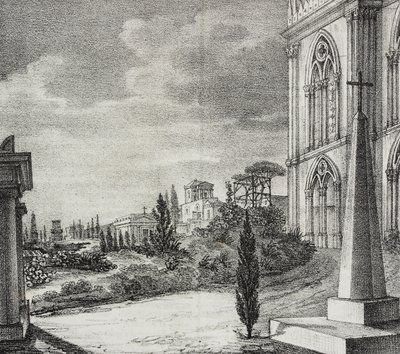 Gotik manastırdan mezarlığın görünümü, Napoli, Campania, İtalya, Poliorama Pittoresco'dan Salvatore Puglia'nın litografisi, n 34, 1 Nisan by Salvatore Puglia
