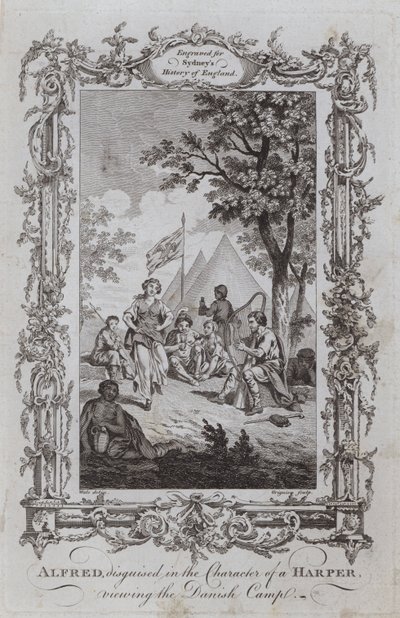 Alfred, Harper Karakteri kılığına girmiş, Danimarka Kampını izliyor (gravür) by Samuel (after) Wale