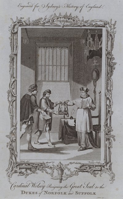 Kardinal Wolsey, Büyük Mührü Norfolk ve Suffolk Düklerine Bırakıyor (gravür) by Samuel (after) Wale