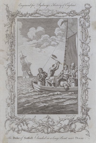 Suffolk Dükü, Dover yakınlarında uzun bir teknede başı kesildi (gravür) by Samuel (after) Wale