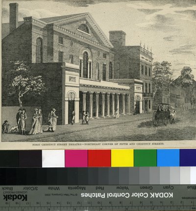 Birinci Kestane Sokak Tiyatrosu, Beşinci ve Kestane Sokaklarının Kuzeydoğu Köşesi, c.1820 (tahta baskı) by Samuel Castner