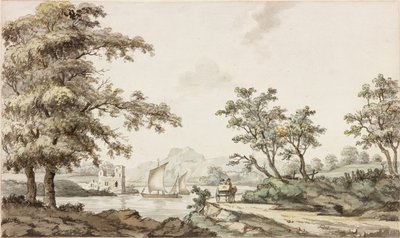 Yelkenli Tekneler ve At ve Arabalı Bir Nehir (mürekkep (siyah) ve kağıt üzerine sulu boya) by Samuel Henry Alken