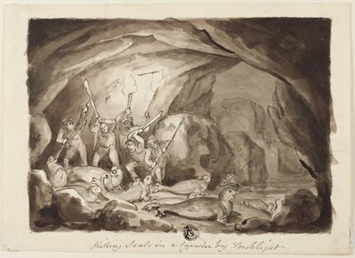 Fener Işığında Bir Mağarada Fokları Öldürmek (recto); Avcılar ve Tahta Taslağı (verso) by Samuel Howett