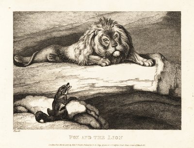 Bir tilki, ininde aptalca bir erkek aslana yaklaşıyor. 1811 (gravür) by Samuel Howitt