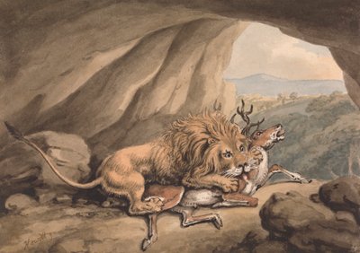 Bir geyiğe saldıran aslan by Samuel Howitt