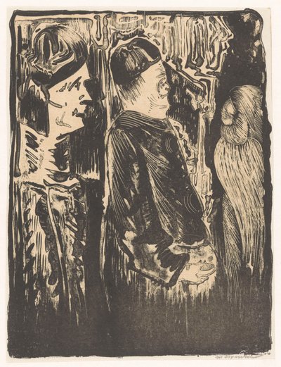 Fantezi: solda, sağda şapkalı iki figür, sağda tüyleri olan çizik bir görünüm by Samuel Jessurun de Mesquita (signed by artist)