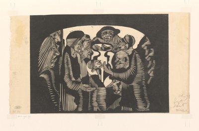 Bir yaydaki figür grubu Vizyoner hayal gücü: bir yay şeklinde çevrelenmiş figür grubu, üst merkezde şapka takan önden bir adam by Samuel Jessurun de Mesquita (signed by artist)