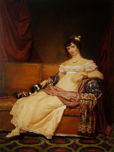 Leydi Waterhouse İspanyol köpeğiyle kanepede oturuyor (kağıt üzerine suluboya) by Samuel John Stump