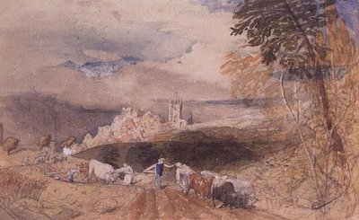 Çiftçilerin Çiftçiliği ile Tepelik Manzara (suluboya) by Samuel Palmer