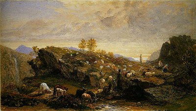 Kayalık Bir Manzarada Koyun ve Keçili Rustikler (kağıt üzerine arap zamkı ile yükseltilmiş kurşun kalem üzerine suluboya) by Samuel Palmer