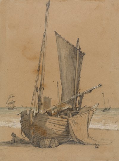 Denizde Bir Brig ile Sahilde Balıkçı Teknesi by Samuel Prout