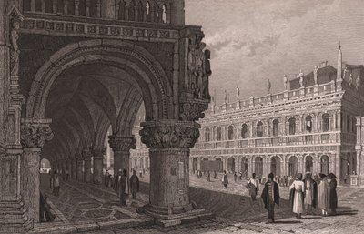 Doge Sarayı'nın (Palazzo Ducale) pasajının St Mark's Meydanı ve Kütüphane Sarayı manzaralı önden kısaltılması, Venedik, Veneto, İtalya, Samuel Prout'un (1783-1852) çiziminden sonra çelik gravür, yaklaşık 15x11,5 cm by Samuel Prout