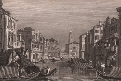Grand Canal (Canal Grande) üzerinde gondollar, Venedik, Veneto, İtalya, Samuel Prout (1783-1852) tarafından çizildikten sonra çelik gravür, yaklaşık 15x11,5 cm by Samuel Prout