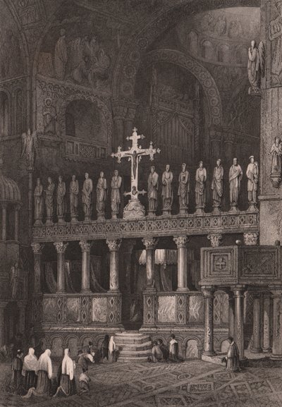 Aziz Mark Bazilikası'ndaki (San Marco Bazilikası) ikonostasis, Venedik, Veneto, İtalya, Samuel Prout'un (1783-1852) çiziminden sonra çelik gravür, yaklaşık 15x11,5 cm by Samuel Prout