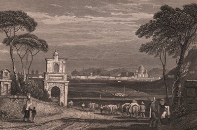 Sağda Aziz Petrus Bazilikası'nın kubbesiyle Roma, Lazio, İtalya, Samuel Prout'un (1783-1852) çiziminden çelik gravür, yaklaşık 15x115 cm by Samuel Prout
