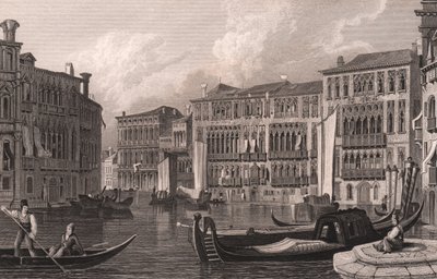 Ca' Giustinian ve Ca' Foscari'nin (Foscari Sarayı) Grand Canal'dan (Canal Grande) görünümü, Venedik, Veneto, İtalya, Samuel Prout'un (1783-1852) çizdiği çelik gravür, yaklaşık 15x11,5 cm by Samuel Prout