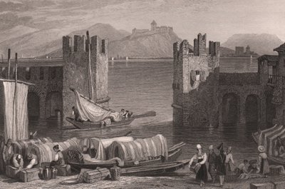 Arona'daki Angera kalesinin görünümü, Maggiore Gölü, Piedmont, İtalya, Samuel Prout'un (1783-1852) çiziminden çelik gravür, yaklaşık 16x11 cm by Samuel Prout