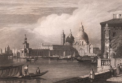 Arka planda Punta della Dogana ve Basilica di Santa Maria della Salute ile Büyük Kanal'ın (Canal Grande) görünümü, Venedik, Veneto, İtalya, Samuel Prout (1783-1852) tarafından çizildikten sonra çelik gravür, yaklaşık 15x11,5 cm by Samuel Prout