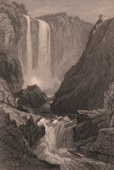 Terni, Umbria, İtalya yakınlarındaki Marmore Şelalesi'nin (Cascata delle Marmore) görünümü, Samuel Prout (1783-1852) tarafından çizildikten sonra çelik gravür, yaklaşık 15x11,5 cm by Samuel Prout