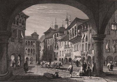 Domodossola, Piedmont, İtalya'daki pazar meydanının görünümü, Samuel Prout'un (1783-1852) bir çiziminden çelik gravür, yaklaşık 16x11 cm by Samuel Prout
