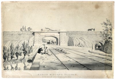 Bull Bridge#39;deki Cromford Kanalı#39;nın altındaki Kuzey Midland Demiryolu Köprüsü c1840 (kağıt üzerinde renkli litografi) by Samuel Russell