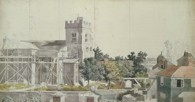 İskele altında Twickenham Kilisesi, 18. yüzyıl (kağıt üzerine tuvalet, kalem ve mürekkep) by Samuel Scott