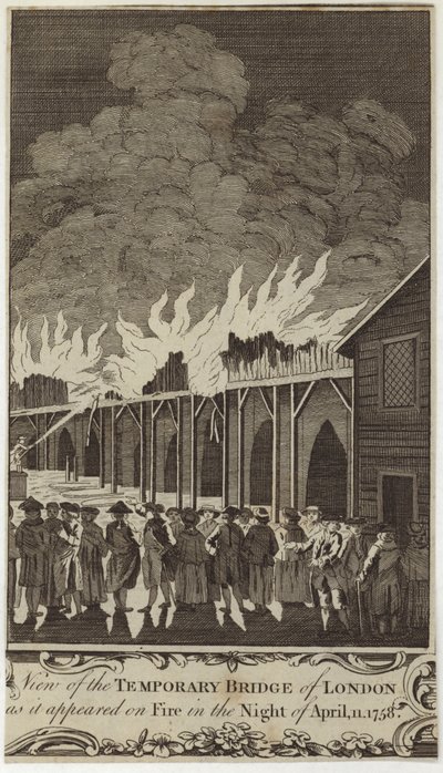 11 Nisan 1758 gecesi alevler içinde görünen geçici Londra köprüsünün görünümü by Samuel Wale