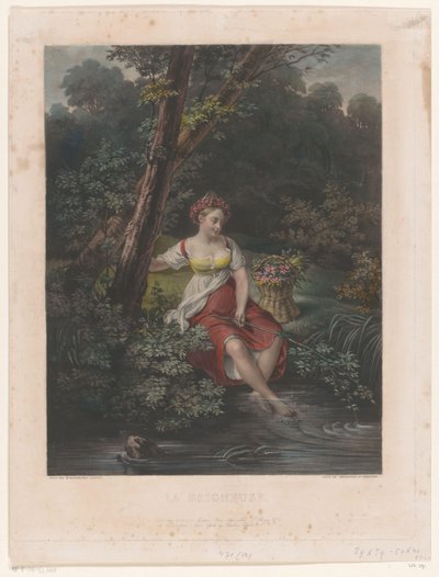 Suda çiçek çelenk ve ayakları olan genç bir kadın. La Baigneuse (nesne üzerindeki başlık) by Samuel William Reynolds (I)