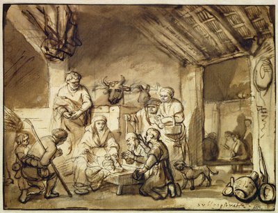 Çobanların Tapınması (kağıt üzerine siyah tebeşir üzerine kalem ve mürekkep yıkama) by Samuel van Hoogstraten