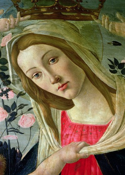 Madonna ve Melekler Tarafından Taçlandırılan Çocuk, panodaki Madonna yağının detayı by Sandro Botticelli