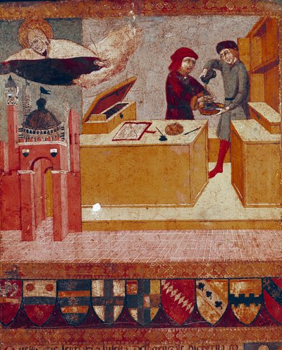 Camerlinguist, yardımsever ve koruyucu Bakire Siena Detail şehri üzerinde uçarken sembolik olarak ellerini yıkıyor. Bir Biccherna