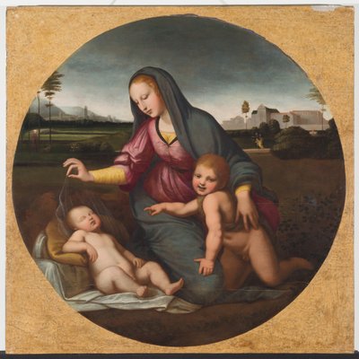 Madonna ve Çocuk, Genç St. John ile, 1500 dolayları (ahşap üzerine yağlıboya) by Sanzio of Urbino (follower of) Raphael
