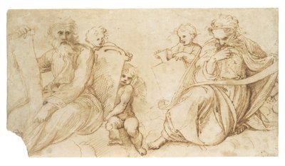 Putti tutan tabletlerle oturmuş parşömenli iki peygamber by Sanzio of Urbino Raphael