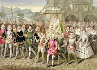 Kraliçe I. Elizabeth, Sherborne Şatosu'nda Robert Peake'e (c.1592-1667) atfedilen bir petrolün ardından 'Kraliçe Elizabeth Mahkemesinin Anıları'ndan Saraylıları (c.160003) ile alayda, 18'de yayınlandı by Sarah Countess of Essex
