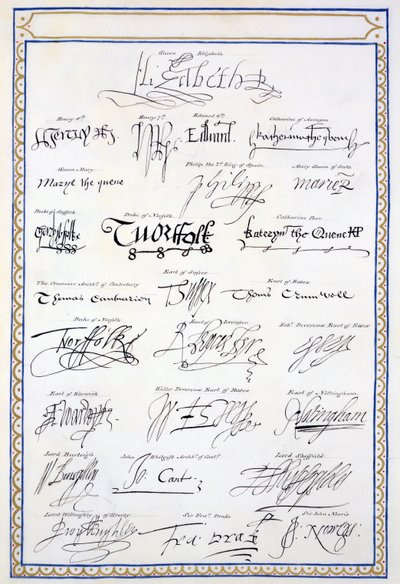 1825'te yayınlanan 'Kraliçe Elizabeth Mahkemesi Anıları'ndan Tudors ve Mahkemelerinin İmzalarının çoğaltılması (kağıt üzerinde kalem ve mürekkep) by Sarah Countess of Essex