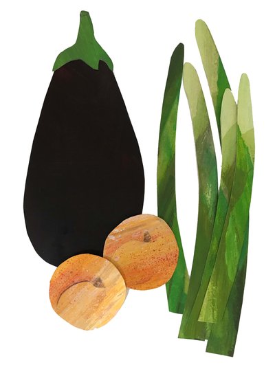 kuşkonmaz, kayısı,patlıcan,2019 (kolaj) by Sarah Thompson Engels