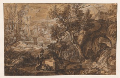 Antik bir lahitte bir çobanla manzara by Sébastien Bourdon (attributed to)