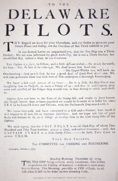 Philadelphia yurtseverlerinin Delaware Pilotlarına İngiliz çay gemisiyle uğraşmamaları konusunda onları uyaran bildirisinin tıpkıbasımı, 7 Aralık 1773 (lito) by School American