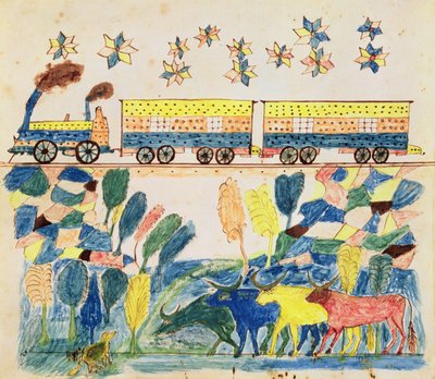 Yük treni ve Sığırlı Manzara (kalem & mürekkep ve kağıt üzerine sulu boya) by School American