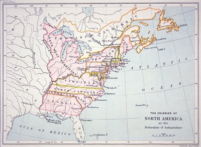 Bağımsızlık Bildirgesi sırasında Kuzey Amerika Kolonileri Haritası (renkli gravür) by School American
