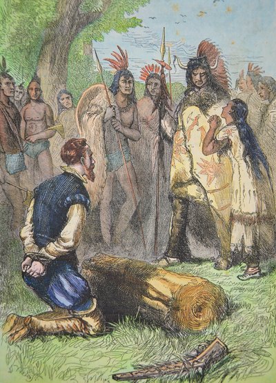 Pocahontas, John Smith'in hayatını kurtarıyor (renkli gravür) by School American