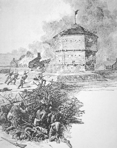 1763 baharında Ottawa kabilesinin şefi Pontiac tarafından Fort Detroit Kuşatması (litho) by School American