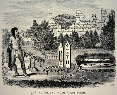 Zuni Kabilesi bir Pueblo tapınağının üzerine polen üflerken (gravür) by School American