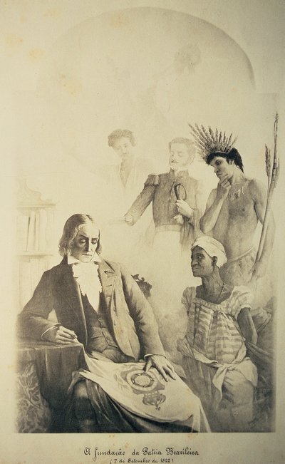 Brezilya Ülkesinin Kurucusu, 7 Eylül 1822 - Jose Bonifacio (1763-1838) ve Pedro I (1793-1834) ile üç ırkı temsil eden bir alegori: Afrikalı köle, Portekizli ve yerli Hintli by School Brazilian