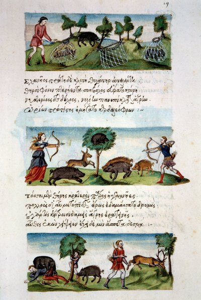 Sanat Bizans: yaban domuzu avı. Farklı av teknikleri. Üst: ağlarda pancar yakalama. Merkez oyunda bir yay için avlanıyor. Altta: avcılar hayvanlar tarafından saldırır. Minyatür “” De venatione”” folyo 19, Suriye