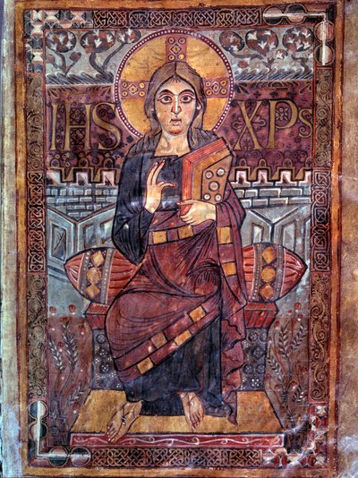 Karolenj Sanatı: Görkemli Mesih (görkem içinde). “Evangeliaire de Godescalc, Ecole du Palais de Charlemagne” ”(folio 3) adlı el yazmasından minyatür, Godescalc tarafından Saint-Sernin de Toulouse, Bibliotheque du Louvre, 781-783 tresorundan kopyalanmıştır. by School Carolingian
