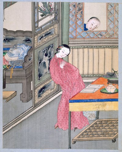 Bir Adam Sevgilisini Pencerede Şaşırtıyor (kumaş üzerine renkli) by School Chinese